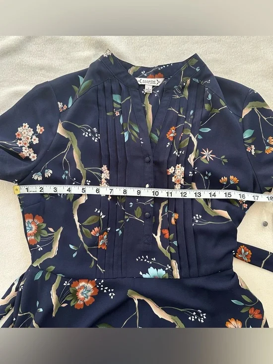 (NWT) NANETTE LEPORE Navy Floral Print Pintuck Dress - Picture 13 of 16